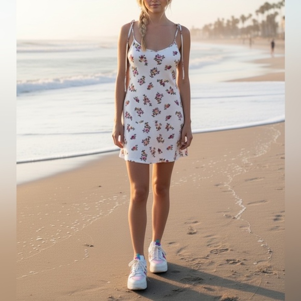 ASOS Y2K White & Pink Floral Spaghetti Strap Low Cut Back Mini Dress